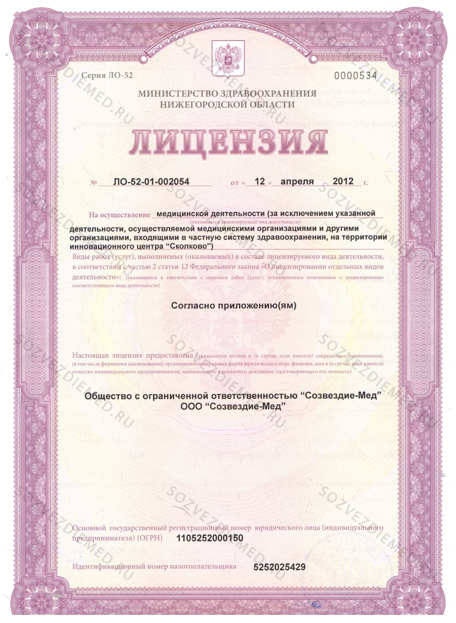 Медицинский центр Созвездие - Лицензия на осуществление медицинской деятельности 12.04.2012г.